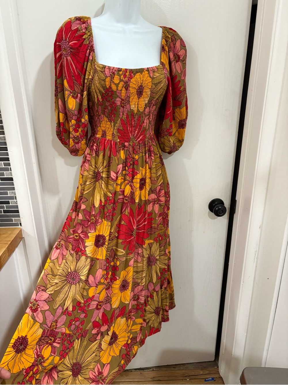 Angie Floral Smocked Maxi Dress in Red, Mustard & Olive